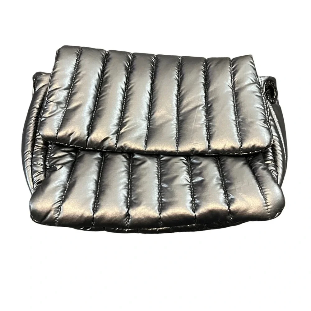 Think Royln Bar Bag Puffer Crossbody Womens OS Gunmetal Metallic Quilted Flap